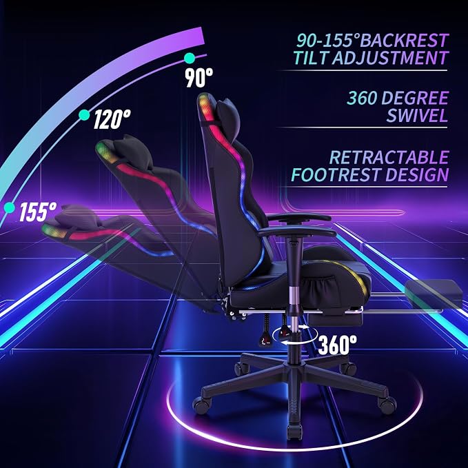 HOFFREE RGB Gaming Chair for Kids LED Computer Chair 155°Recliner-Black | PC Game Chair with Lights Gamer Chair for Boys Teens 8-15 Video Game Chairs with Footrest and Lumbar Support Racing Style - Image 6