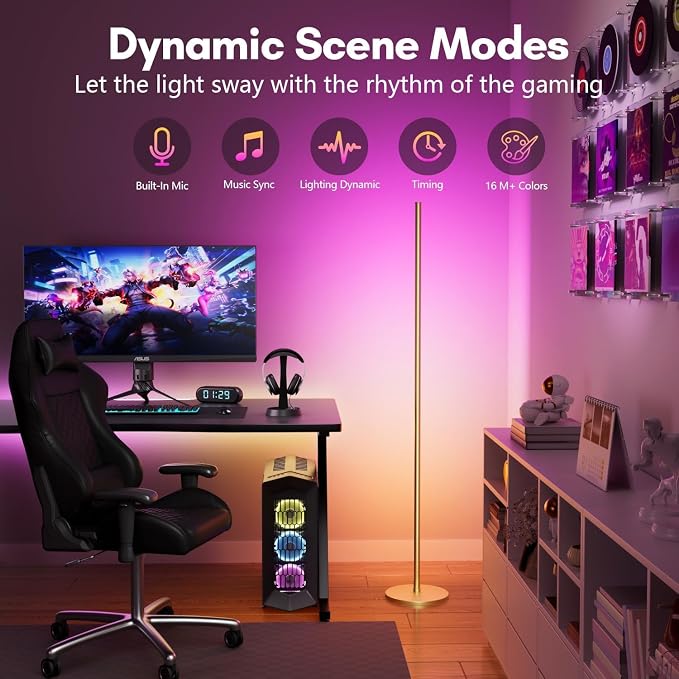 Smart RGB+IC Corner Floor Lamp,Ambient Lighting Color Changing Standing Lamp with 16 Million DIY Colors and Music Mode, App and Remote, Bright LED Tall Lamp for Living Room, Bedroom, Gaming Room Gold - Image 5