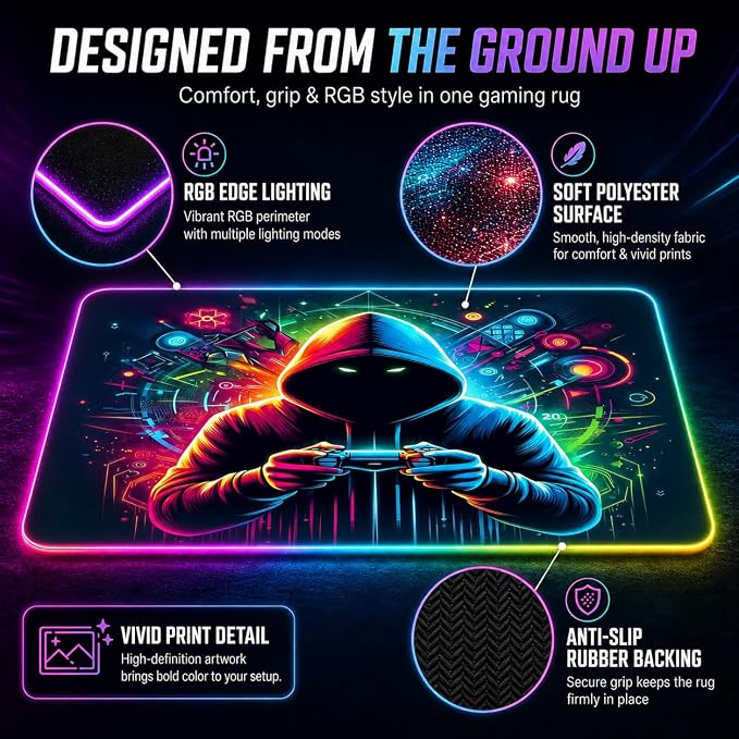 Gaming Rug RGB LED Light (3x5 Gamer) - Bedroom Gamer Rug Floor Mat Gaming Decor - Kids Room Rug Anti Slip Mat for Chair – Play Game Room Décor for Teen, Boys, Kids - Image 6