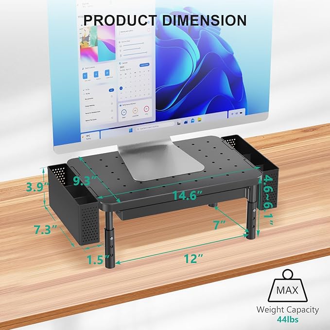WALI Computer Monitor Stand with Storage and Pen Holder | 3 Height Adjustable Desk Organizer with Drawer, Laptop Monitor Riser for Computer, Laptop, Printer(PTT003-B), 1 Pack, Black - Image 7