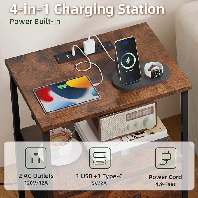 Somdot Tall Nightstand with 3 Drawers, Charging Station & LED Light - Image 5