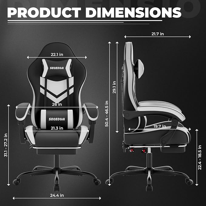 Gaming Chair with Footrest & Massage Lumbar Support, PU Leather Ergonomic High Back Swivel Height Adjustable Chair for Adults, Office Gaming, 300 lbs (Black White) - Image 3