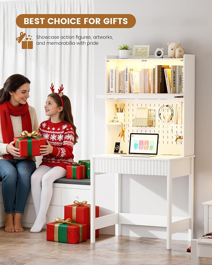 HNEBC White Computer Desk - with Power Outlets & Chariging Station,Small Writing Desk with Hutch and Drawers,66.3''H Office Desk with Pull-Out LED Lights,Pop-up Glass Door,Pegboards,Bedroom - Image 8