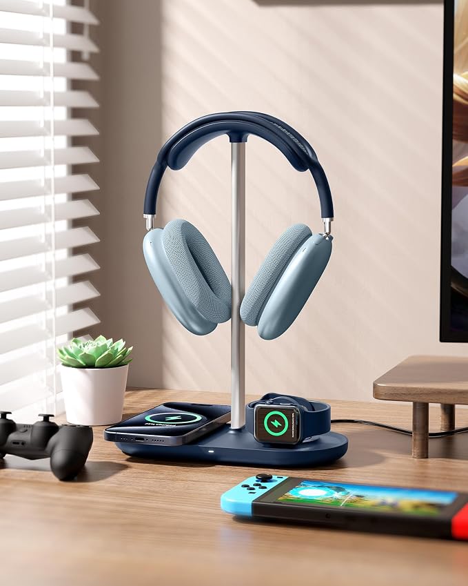 HiWe Headphone Stand, 2-in-1 MagSafe Wireless Charger for iPhone/iWatch | Headset Holder for All Headphones, Aluminum Alloy Bar, ABS Solid Base, PU Headrest, Table Desk Organizer - Image 6