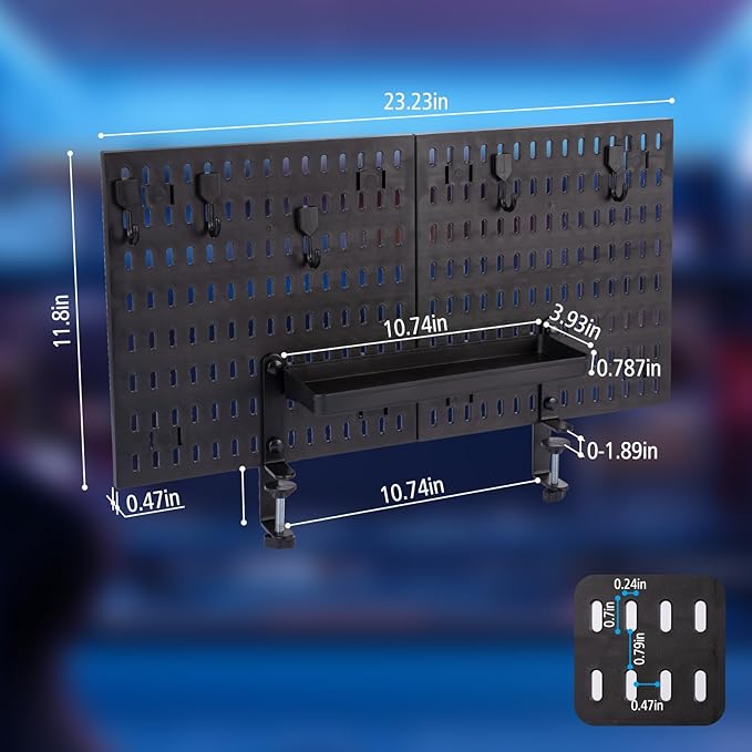 Gaming Desk Organizer Clamp-on Pegboard No Drill Storage | clamp-on desk pegboard organizer, no drill installation, 23x12 inch panel, hooks and tray, headphone controller - Image 6