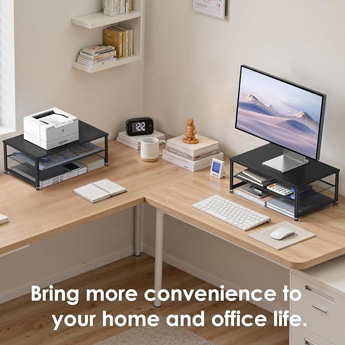 ECOLOVI 2-Tier Computer Monitor Stand Riser, Printer & Laptop Stand, Office Desk Accessories, Workspace Desk Organizer for Home Office Supplies, Black - Image 4