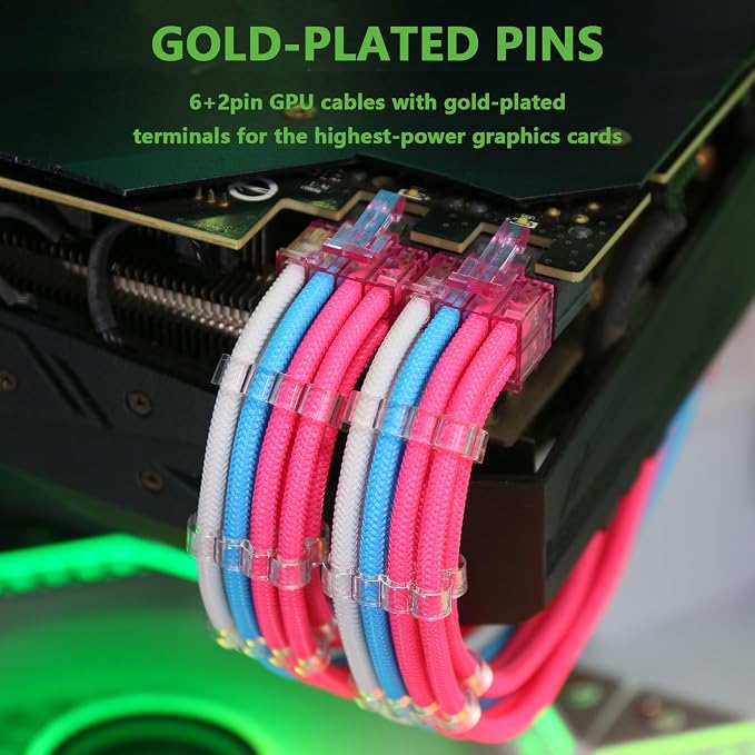 Sirlyr PSU Cable Extension,Customed Pre-Bend PC Power Supply Cable,1x 24 Pin ATX / 1x 8 (4+4) Pin EPS/Longer 2X 8 (6+2) Gold-Plated Pin Pcie,Nylon Sleeved Pink Blue White,4 Kits - Image 4