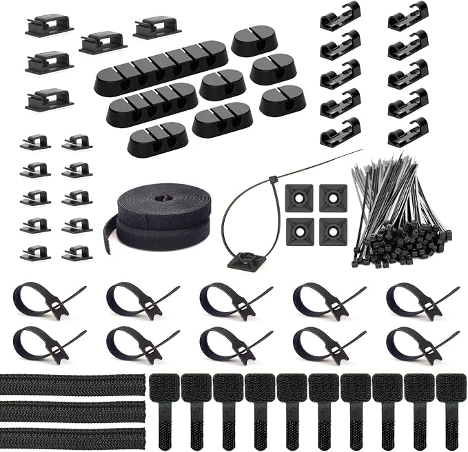 ZIIYAN 163 PCS Cable Management Kit, 3 Wire Organizer Sleeve, 8 Self Adhesive Cable Holder, 25 Cord Clips, 20+2 Roll Reusable Cable Straps and 100 Fastening Cable Ties for Computer TV Under Desk by ZIIYAN