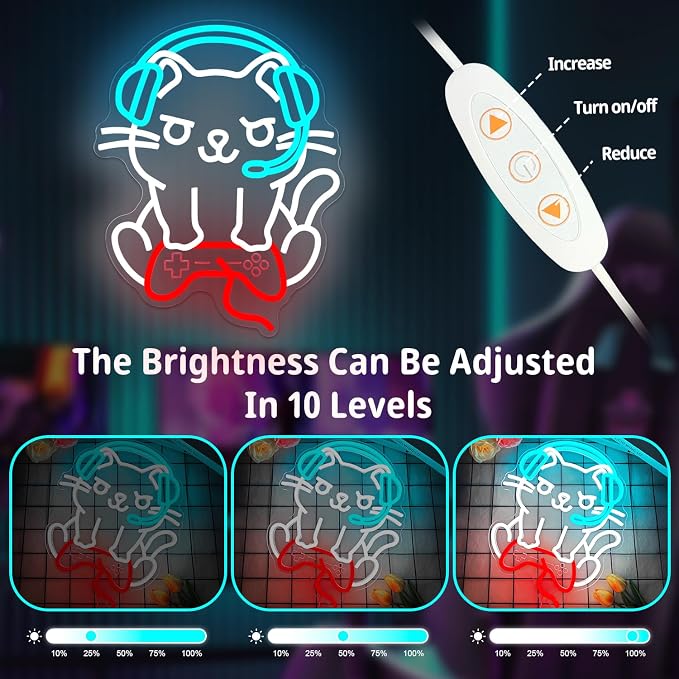 Cat Gaming Neon Sign Gamer Cat Neon Signs for Wall Decor Dimmable Game Room Led Wall Art Gamer Room Decor Led Light Sign Funny Gift for Cat Lovers & Gamers - Image 3