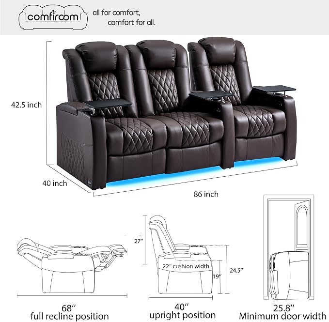 comfiroom Top-Grain Leather Home Theater Seating, Dual-Motor Power Recliner - Image 2