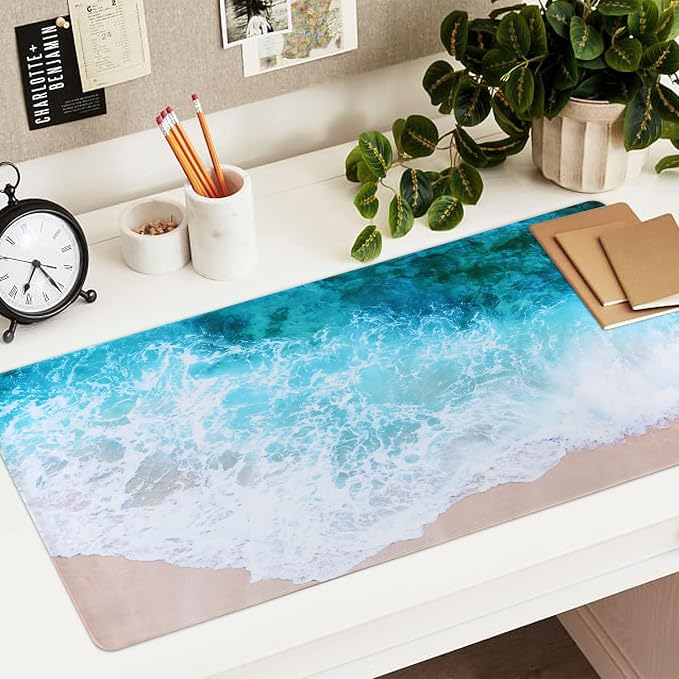iCasso Extended Gaming Mouse Pad,35.4 x 15.7in Desk Pad,Beach | Non-Slip Rubber Base Mousepad with Stitched Edges,Waterproof Keyboard Mouse Mat for Work Home Game Office - Image 6