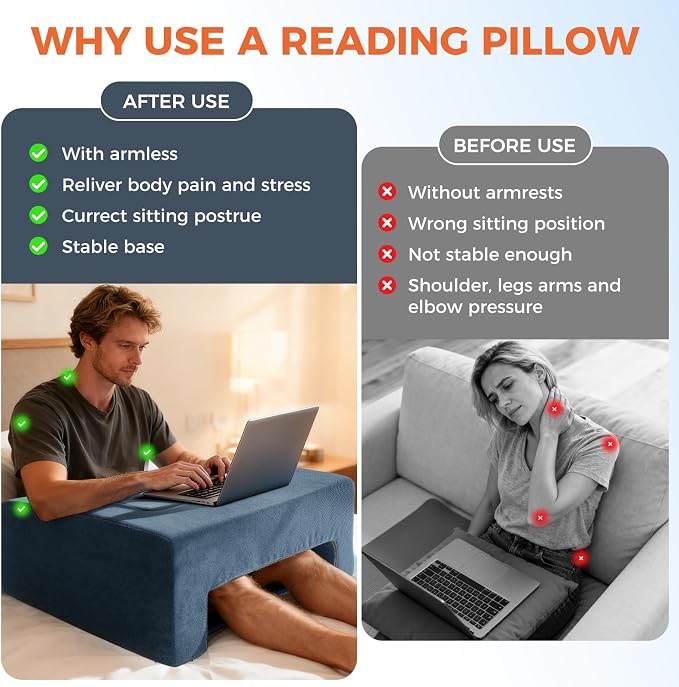 Reading Pillow for Gaming Lap Desk Pillow for Laptop with Pocket Foldable Memory Foam Bed Desk for Reading Working Crocheting Gaming Arm Rest on Bed/Sofa/Floor/Couch/Car (Dark Grey Foldable) - Image 5