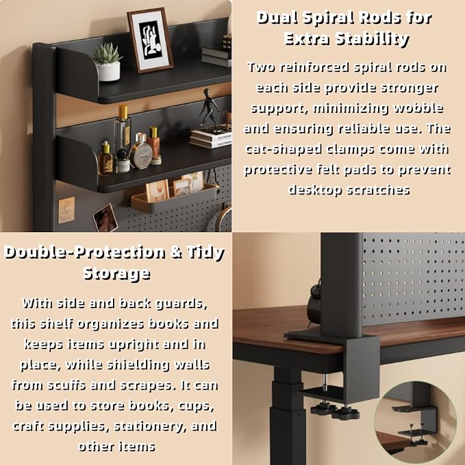 Clamp on Desk Pegboard, 39.4" W x 37.4" H Desk Extender Pegboard Bookshelf Computer Desk Accessories with Shelf for Tool Organizer Office, Privacy Panel for Gaming Desk, Black - Image 8