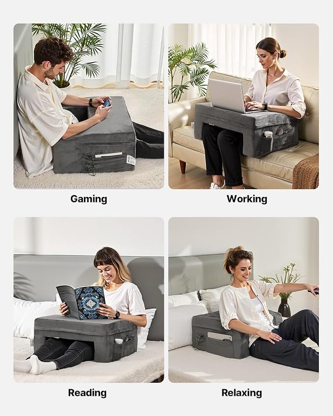 VEVOR Reading Pillow for Gaming, Extra Large Lap Desk Pillow with Pockets and Cup Holder, Laptop Pillow with Memory Foam Bed Rest, Bed Pillow for Sitting Up for Gaming, Reading, Resting, Working, Grey - Image 6