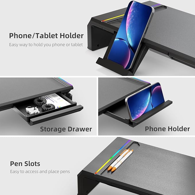 Heymaster Monitor Stand for Desk, Gaming Monitor Riser with RGB Light, Foldable Computer Monitor Stand Riser, Desk Organizers and Accessories for Desktop, Printer (Black) - Image 3