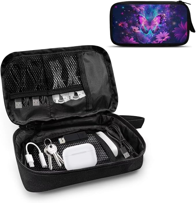 Purple Floral Butterfly Print Electronic Organizer Travel Universal Accessories Storage Bag Portable for Hard Drives, Cables, Memory Sticks, Charger, Phone, USB, SD Cards - Image 2