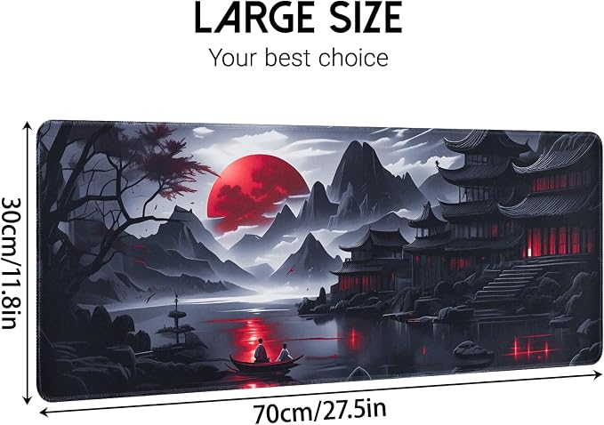 FreeNook Large Gaming Mouse Pad, Anime Black Mousepad with Stitched Edges, Expanded Cool Desk Mat, Japanese Red Moon XL Keyboard Mat Suitable for Home Office,27.5 X 11.8 Inch - Image 2