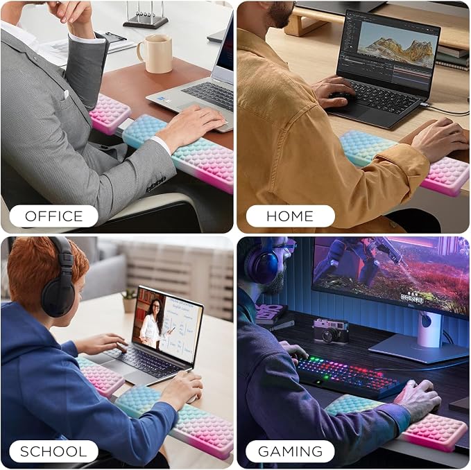 JIKIOU L-Shaped Desk Elbow Pad for Desk,Memory Foam Elbow Support Pad 2Pack | Massage Design, 14.9inch is 20% Longer for Comfort, Non-slip Rubber Base, Ergonomic Cushion for Pain Relief, Rainbow - Image 8