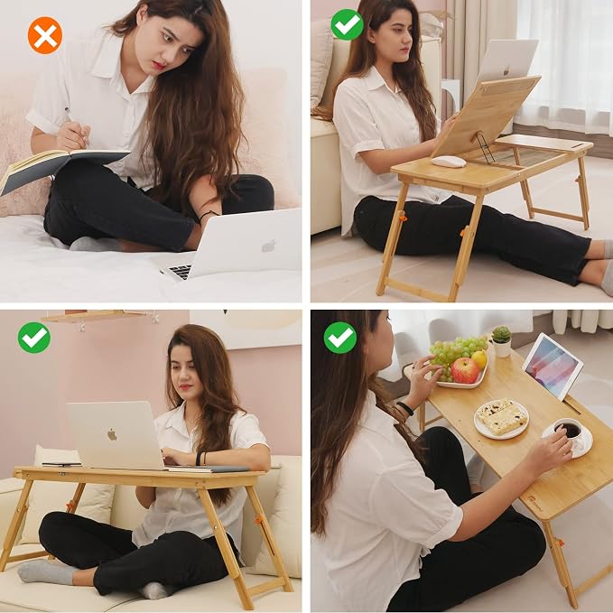 Lap Desk COIWAI Laptop Table Bamboo Writing Eating Bed Tray Adjustable Angle Height Foldable Desk Tray with Tablet Slot Drawer Breakfast Coffee Tea Table for Sofa Couch Floor Large Size - Image 2