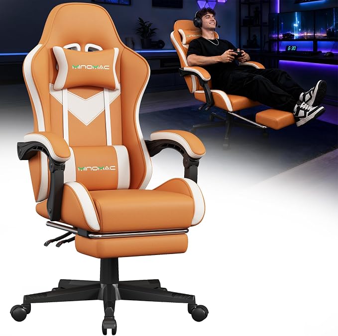 Gaming Chair Ergonomic Gamer Computer Office Chair,Footrest Lumbar Support | Reclining High Back, 400lbs Load, Pocket Spring Cushion, Adjustable Height, Linkage Armrests, 360° Swivel, Orange PU Leather by Unknown