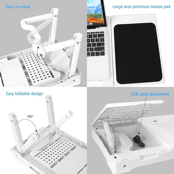 TeqHome Laptop Table for Bed, Adjustable Laptop Bed Desk with Fan, 4 USB Ports, Portable Lap Desk with Foldable Legs, Laptops Stand for Couch Sofa Bed Tray with LED Light, Storage, Mouse Pad - White - Image 4