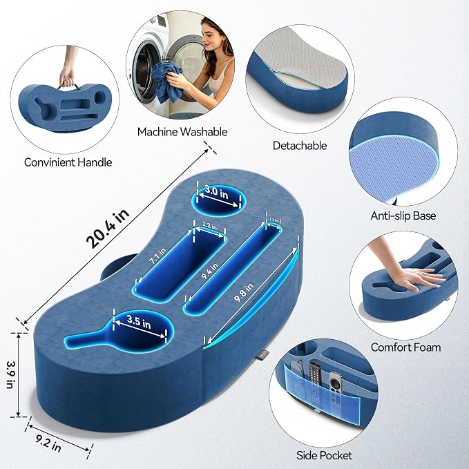 Couch Cup Holder Pillow, 20"x9" Couch Caddy Organizer, Sofa Cup Holder for Bed, Large Size Cup Cozy Pillow for Remote, Drink, Snack, Phone, Game Controller, Kindle, Washable, Blue - Image 5