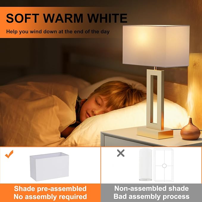 Seealle Nightstand Table Lamps for Bedrooms Set of 2 - Touch Bedside Lamp with USB C+A, 3 Way Dimmable Living Room Lamps for End Tables Set of 2(White&Gold) - Image 6