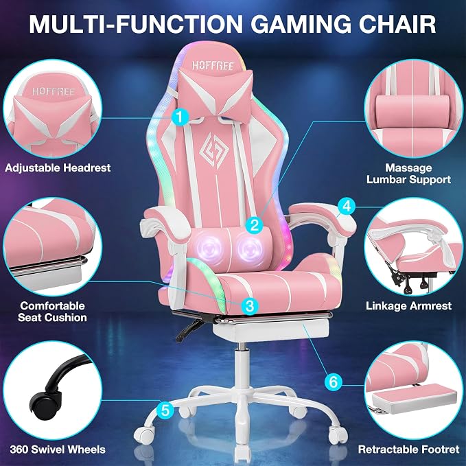Pink Gaming Chair with RGB LED Lights Massage Computer Chairs for Girls | High Back Video Game Chair with Footrest & Adjustable Lumbar Support Ergonomic Gamer Chairs for Women Racing Style Recline - Image 9