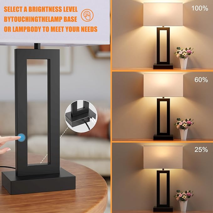 Seealle 22" Tall Living Room Lamps for Night Stands - Touch Bedside Lamp with USB C+A, 3 Way Dimmable Bedroom Lamps for End Tables Set of 2, Modern Night Stand Lamps for Bed Side(White&Black) - Image 3