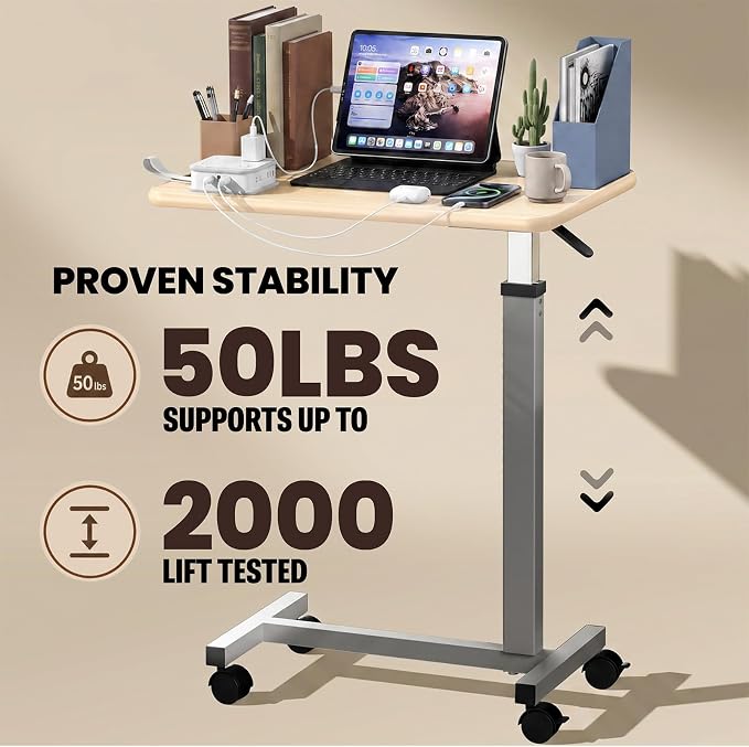 WOTURE Pneumatic Adjustable Overbed Bedside Table with Wheels - Hospital & Home Use, Medical Bed Table, Mobile Standing Desk, Rolling Laptop Cart, Non Tilt Surface(23.6" L x 15.7" W, Maple) - Image 5