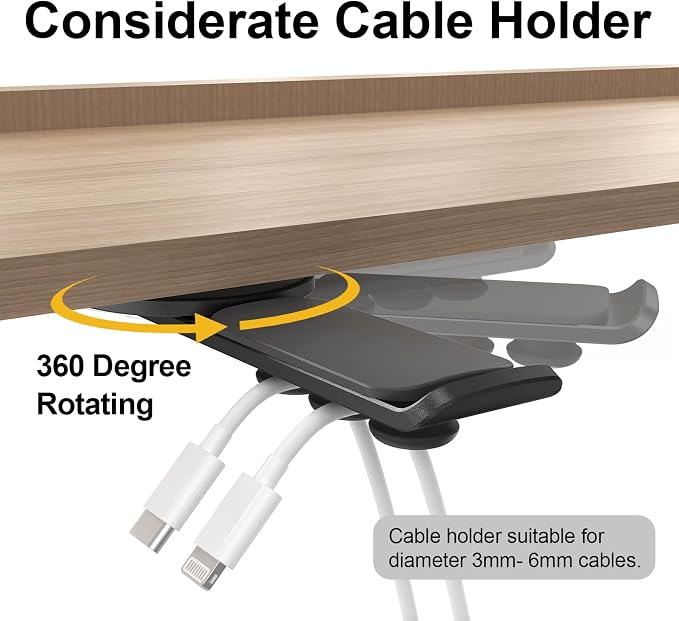 Headphone Stand - 360 Degree Rotating Adhesive Under Desk Headset Holder with 2 Cord Holder Clips (Black) - Image 2