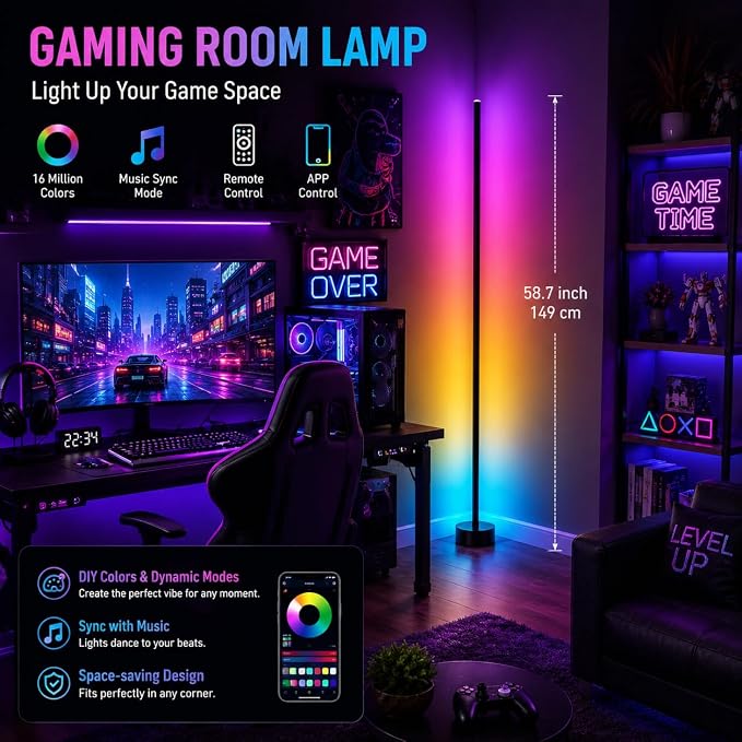 RGB Corner Floor Lamp, 16 Million Colors LED Ambient Light with Music Sync, App and Remote Control, Color Changing Standing Lamp for Gaming Room, Bedroom and Living Room - Image 2