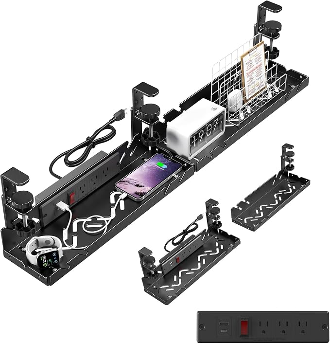 Extended Metal Under Desk Cable Management Tray with Power Outlet by CABTE