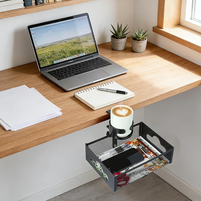 Desk Cup Holder Clamp, Clip On Table Cup Holder with Rotation Drawer - Image 8