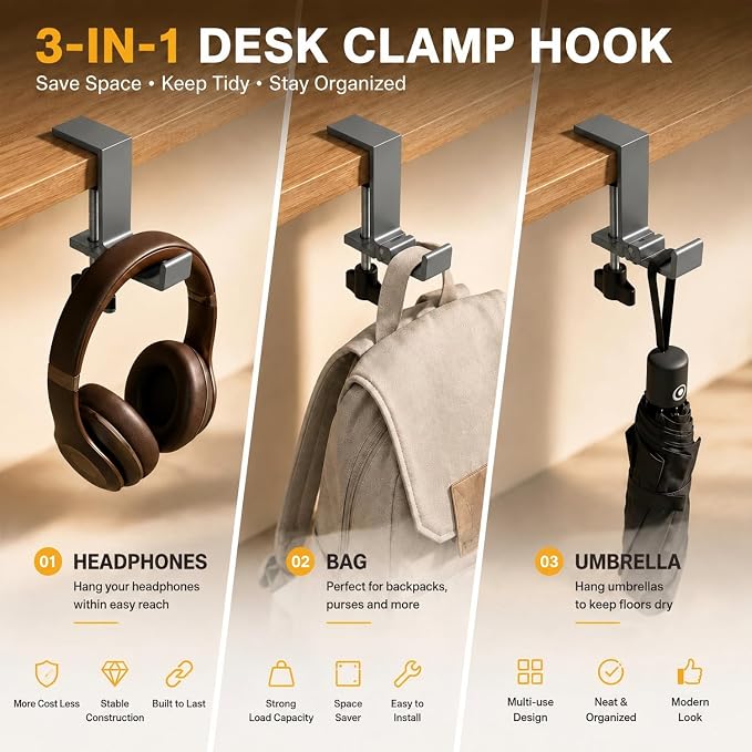 JAKO Headphone Stand for Desk, Aluminum Alloy Foldable Headphone Holder - Headset Stand Hook Mount, PC Gaming Headset Holder Under Desk Clamp for Office, Computer, Student Class Table, Handmade Table - Image 4