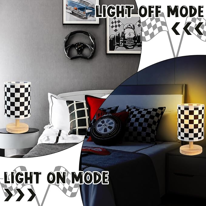 Checkered Bedside Lamp for Boys' Bedroom Kids, Bedside Lamp with Linen Wooden Nightstand, Checkered Lampshade Nursery Decor - Image 4