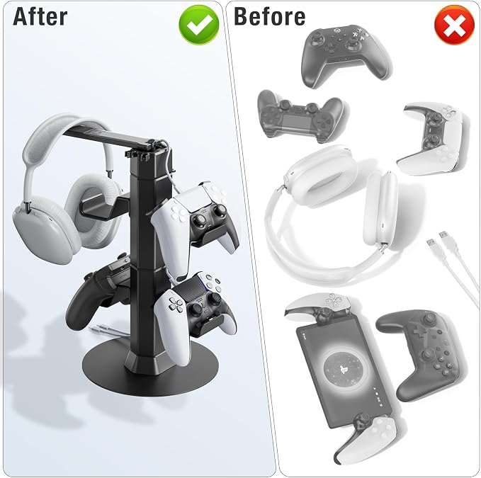 Gaming Controller & Headset Holder Stand for Desk, with Charger Cable Organizer Headphone Stand for PS5/ Xbox/ PS4/ Switch, Metal Base Controller Hook for Storage with 360° Rotatable Hanger- 2 Tiers - Image 5