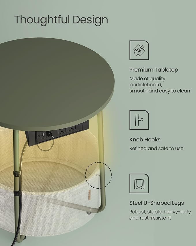 VASAGLE Side Table with Charging Station,Fabric Basket, LED Round End Table - Image 6