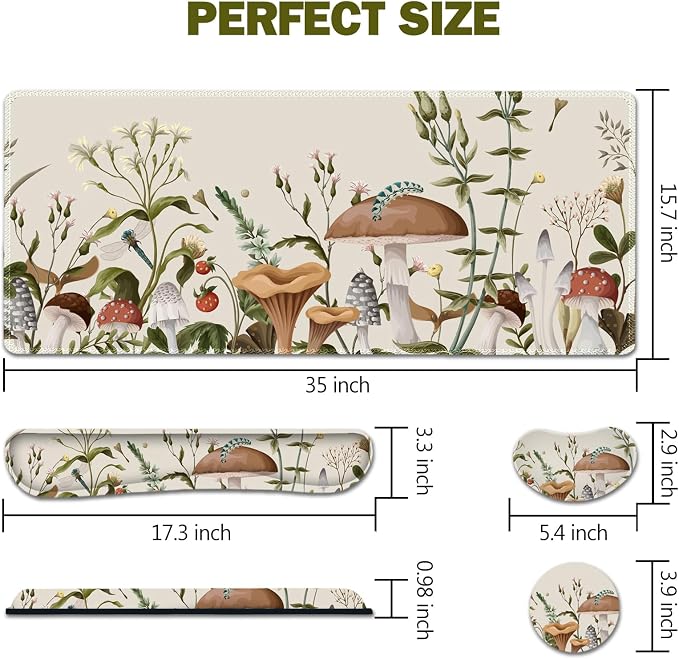 AIMSA Large Gaming Mouse Pad Set, Keyboard Wrist Rest Support+ Extended Mousepad+ Mouse Wrist Cushion+Coaster, Ergonomic Multifunctional Desk Mat 35x15.7in, Mushroom Plant Garden - Image 7