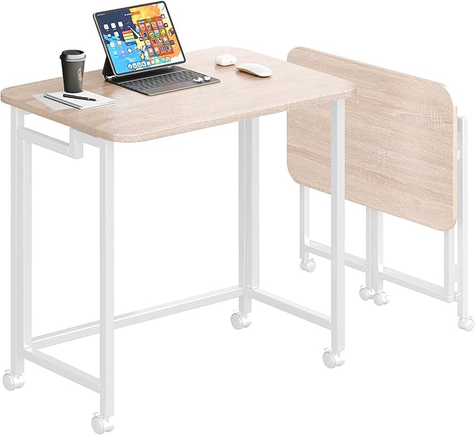 JSB Folding Desk for Small Spaces,Mobile Portable Rolling Laptop PC Table on Wheels,Foldable Computer Desk for Home Office,Bedroom,Dorm,Space Saving (Natural & White, 27.6") by HomeFurniture