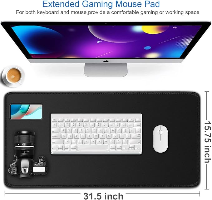 Large Gaming Mouse Pad, 31.5x15.7 in Large Desk Computer Keyboard Mouse Mat | Gaming MousePad, Water Resist Non-Slip Mousepad Rubber Base Long XXL Large Extended Mat for Work & Gaming, Office Home, Black - Image 2