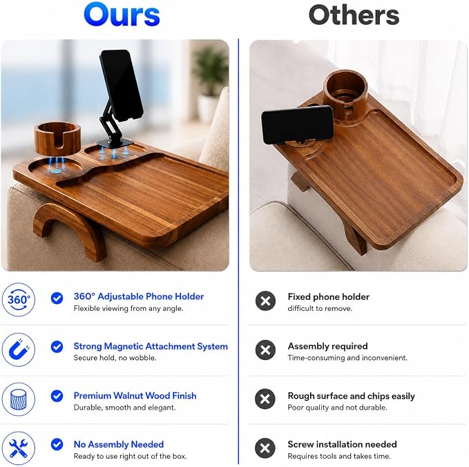 Couch Armrest Table with Cup Holder (15.31" x 9.65") - Acacia Sofa Arm Tray Organizer with Magnetic & 360° Rotating Phone Holder - Fits Couch Arm for Drinks, Snacks & Remote Control - Image 5