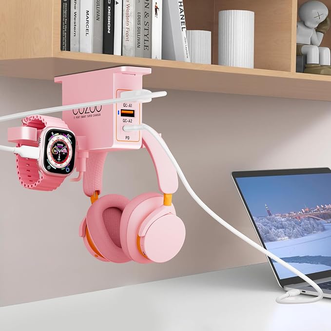 cozoo Desk Headphone Holder Hook Headset Watch Cable Bag Storage Pink | 2 USB-A & 1 Type-C Ports; Holds Headphones,Watches, Cables, Various Bags,Multifunctional Desk Storage Hook for Gaming Office - Image 5