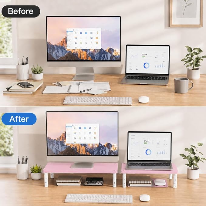 OPNICE Adjustable Monitor Stand Riser for Desk, Wood Computer & Laptop Stand, Desk Organizers and Accessories, Office Desk Accessories & Workspace Organizer for Home Office Supplies, Pink - Image 7