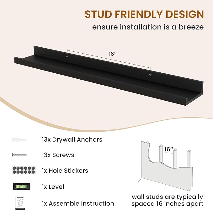 Picture Ledge Shelf, Floating Shelves for Wall Decor, Black, Set of 6, 30'' - Image 5