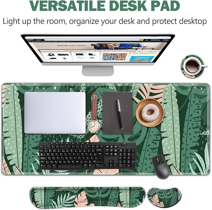 AIMSA Large Gaming Mouse Pad Set, Keyboard Wrist Rest Support Mouse Pad, Ergonomic Memory Foam Multifunctional Extended Desk Mat 35x15.7in Anti-Slip Rubber Base for Office Home, Pink Green Leaves - Image 3