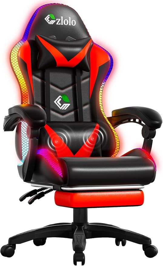 Czlolo Gaming Chair, Racing Style RGB LED Lights Gaming Chairs for Adults and Kids, Lumbar Massager Gamer Chair, High Back Reclining Computer Chair with Footrest and Headrest (Black/Red) by GamersChoice