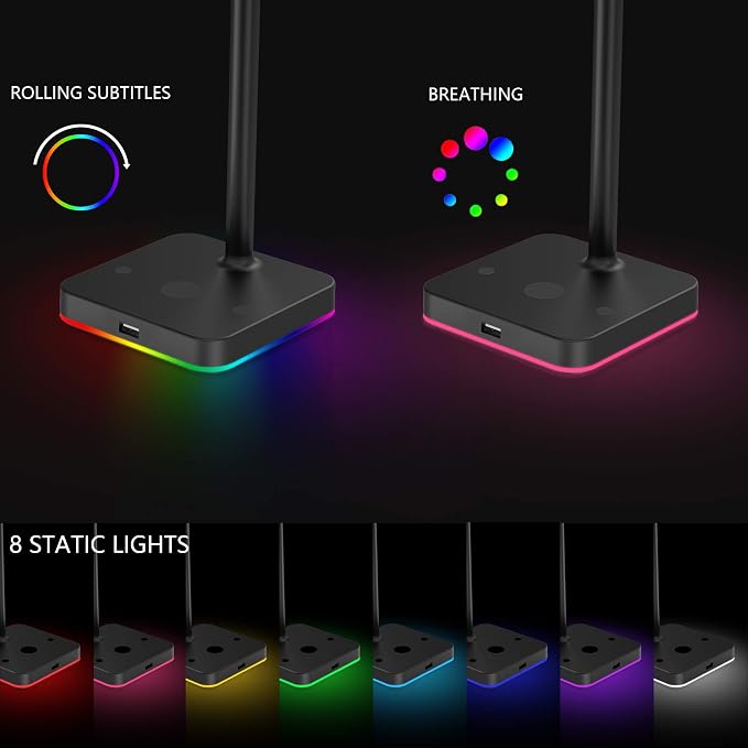 KAFRI RGB Headphone Stand with USB Hub Desk Gaming Headset Holder Hanger Rack with 1 USB2.0 Extension Charging Port Extender Cord - Suitable for Gamer Desktop Table Game Earphone Accessories, Black - Image 2