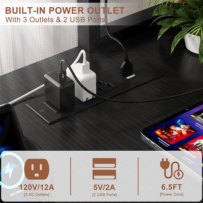 Aheaplus L Shaped Gaming Desk with Power Outlets & LED Lights, Black - Image 3