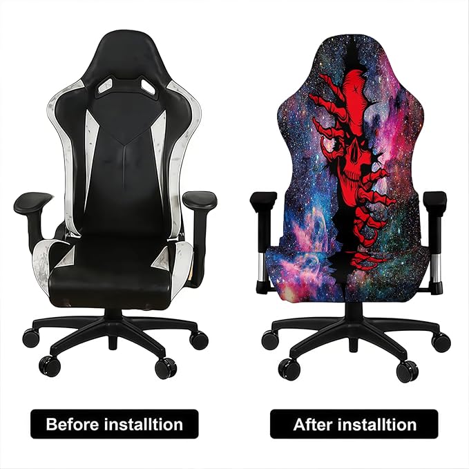 Blacklight Gaming Chair Cover – UV Reactive Esports Chair Protector with Neon Skull Galaxy Design, Stretchable Washable Slipcover for Office & Gaming Chairs - Image 4